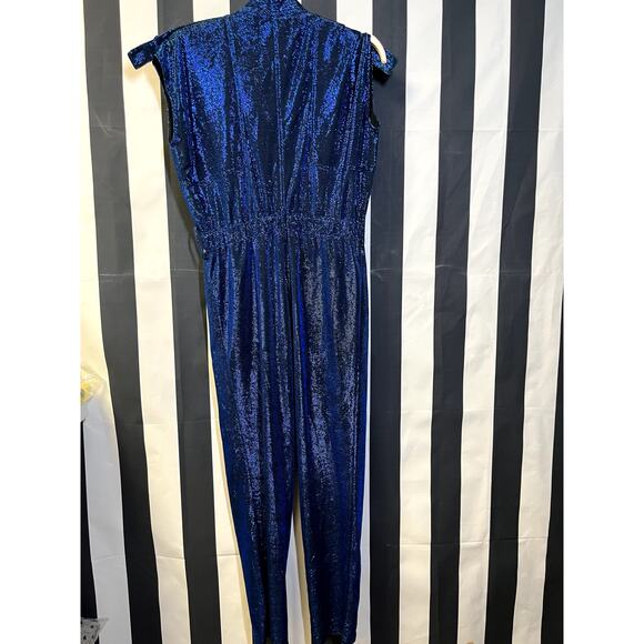 CAROLINA RITZLER Paola Cap-Sleeve Belted Metallic Jumpsuit Blue Size 36 XS - Picture 4 of 6